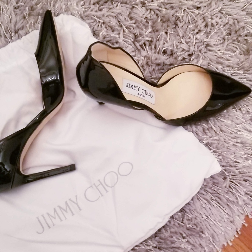 Jimmy Choo black patent leather pointy toe pumps
